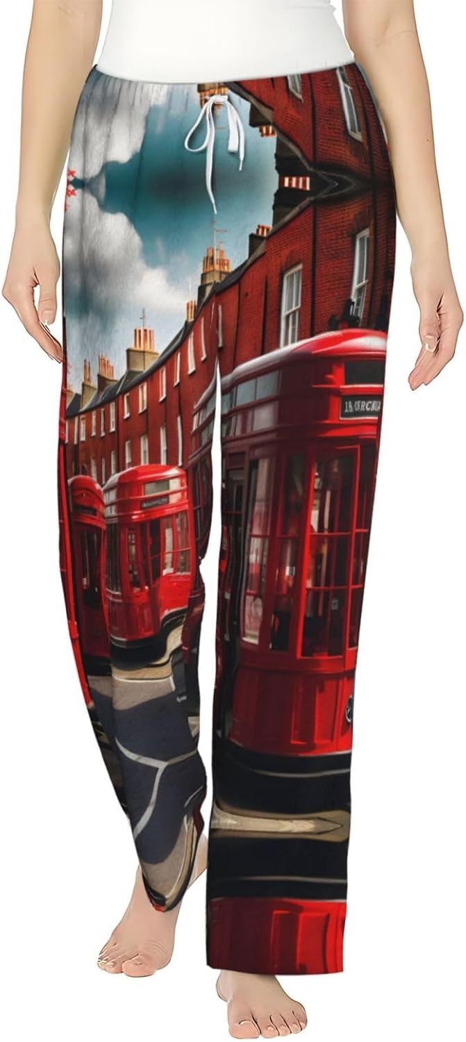 Red London Street Print Cozy Christmas Pajama Pants,Flannel Pajama Bottoms,Cater To Various Body Types