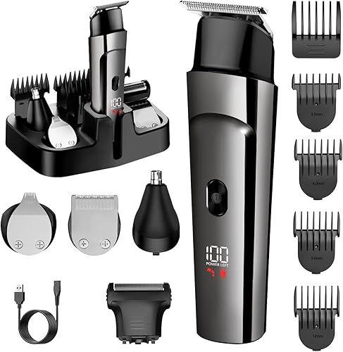 Recortadora de barba para hombres – Kit de maquinilla de afeitar eléctrica 5 en 1, recortadora de pelo de nariz con pantalla LED, kit de aseo