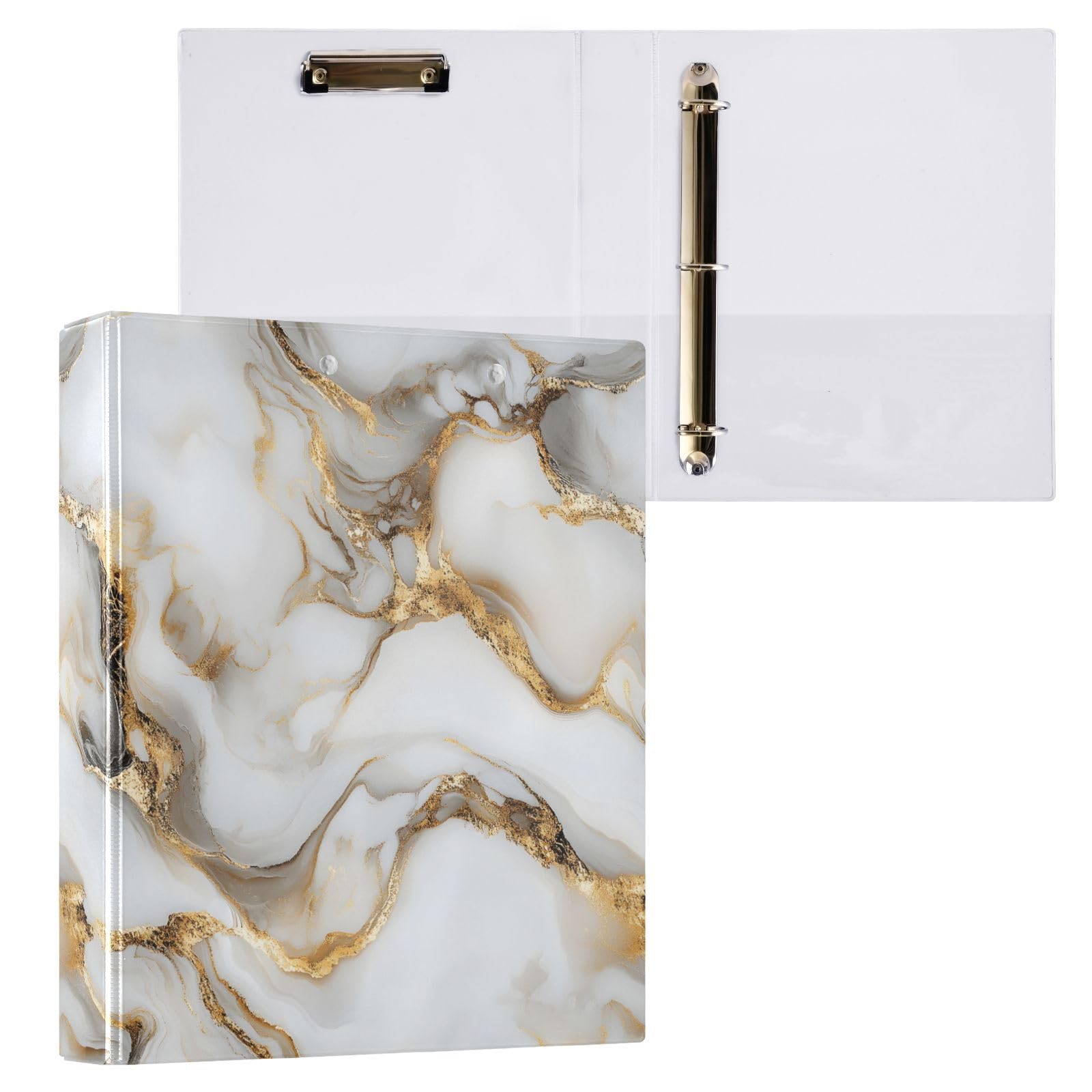 White Marble Gold Pattern 3 Ring Binder 1.5 Inch 1 Pack with 200 Sheet for Kids School Supplies Women Men Office
