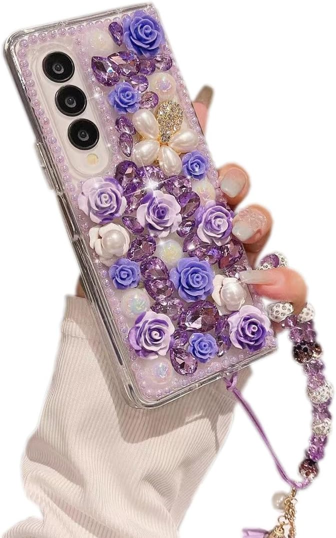 for Samsung Galaxy Z Fold 7 5G Case,Luxury Crystal Rhinestone Flowers Glitter Diamond Pearl Cover Case with Flower Strap for Galaxy Z Fold 7 for Girls Women