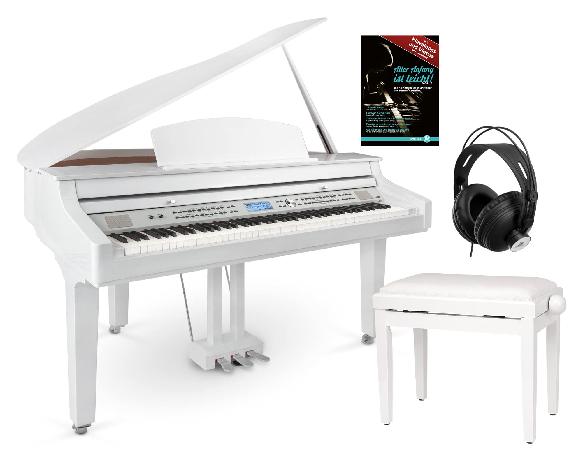 Classic Cantabile GP-A 810 Digitalflügel Set (88 Tasten mit Hammermechanik, 3-fach Sensorik, 1200 Voices, Bluetooth, inkl. Bank, Kopfhörer Schule) weiß Hochglanz