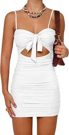 BORIFLORS Women's Sexy Bodycon Cut Out Ruched Backless Spaghetti Strap Mini Club Party Dresses