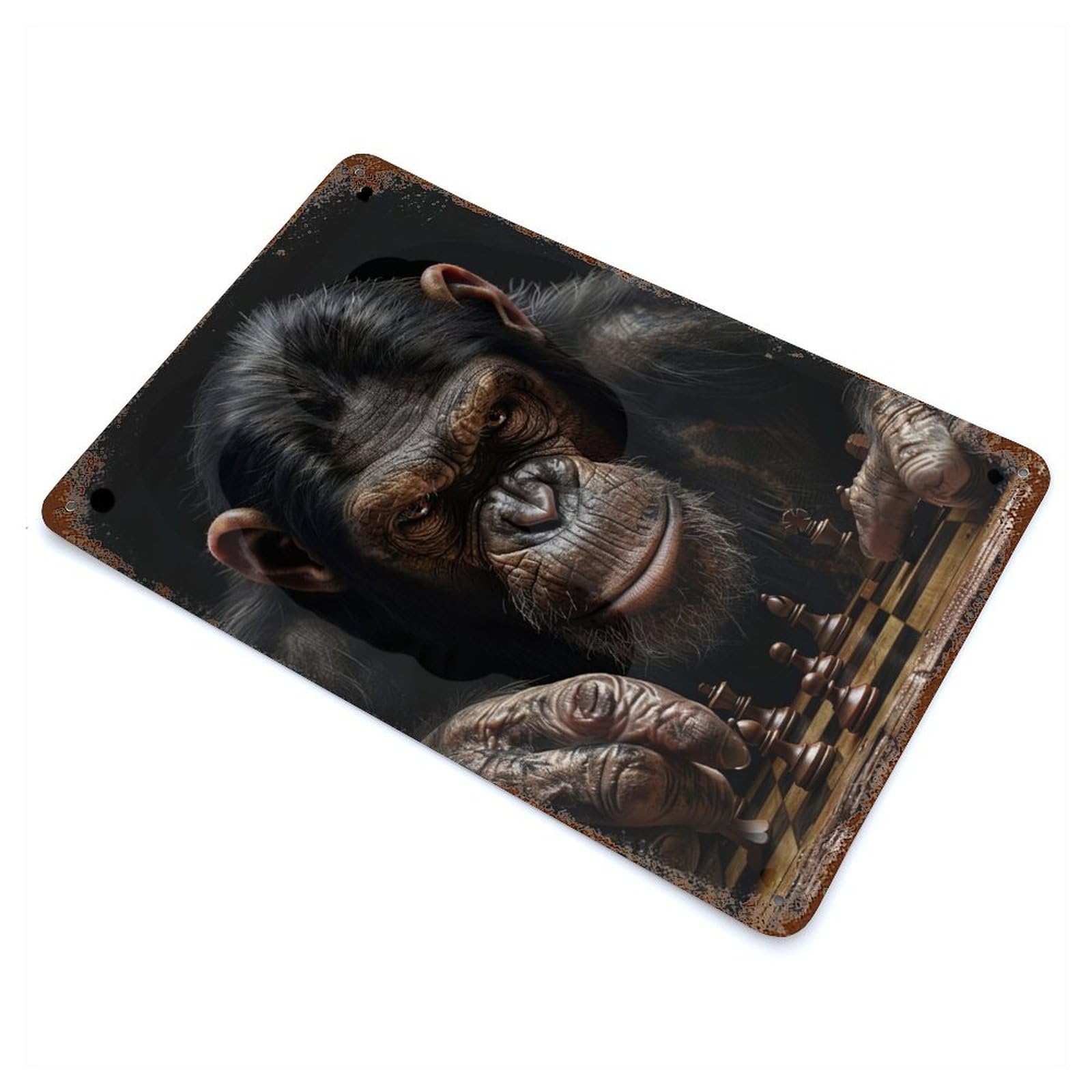 Chimpanzee Chess Rusty Metal Tin Sign 11.8"x7.9", Shabby Chic Decor for Garage, Bar And Workshop Decor
