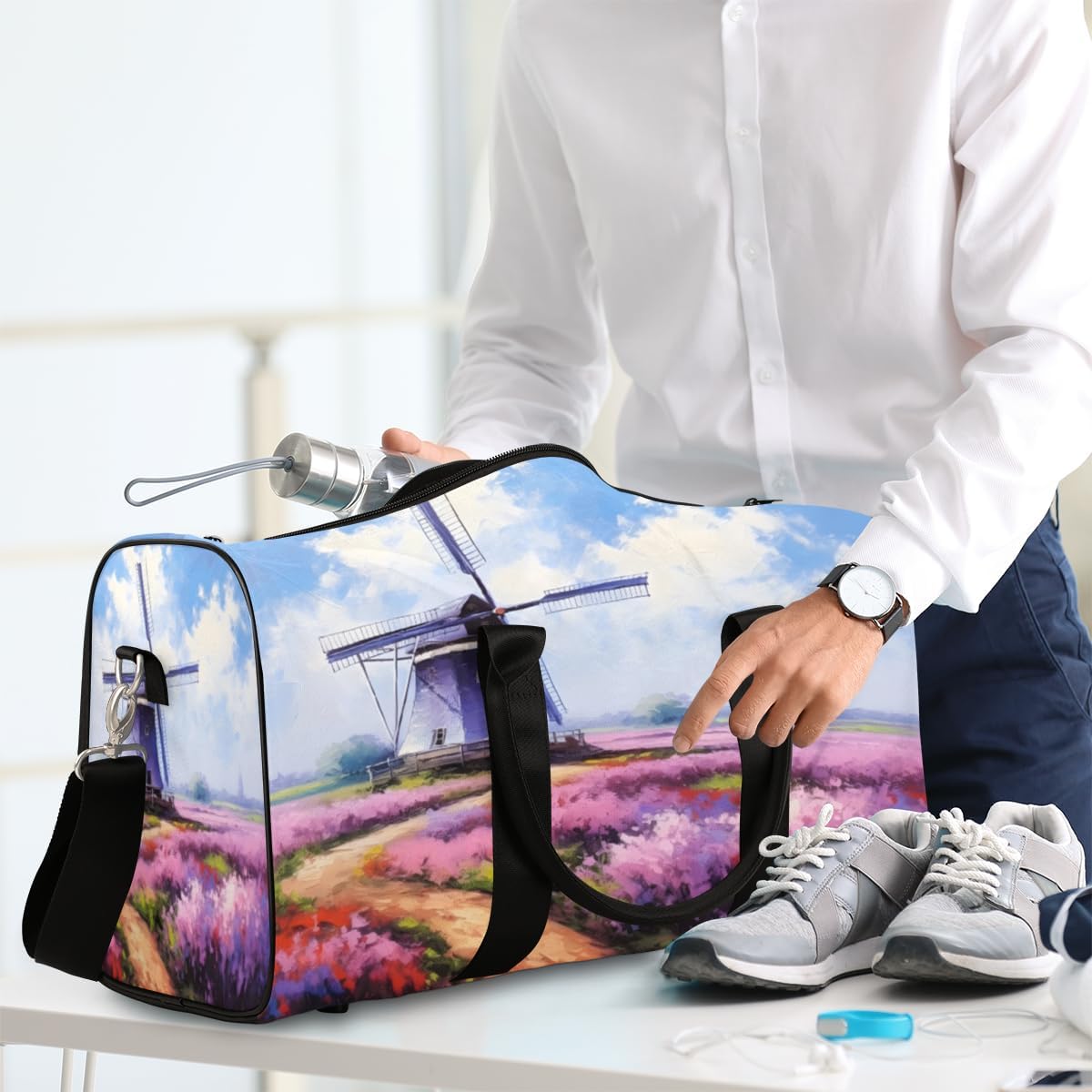 Flower Field Windmill Travel Duffel Bag for Women Men Large Capacity Overnight Weekender Bags for Lightweight Waterproof Sport Gym Bag for Workout Yoga Swim