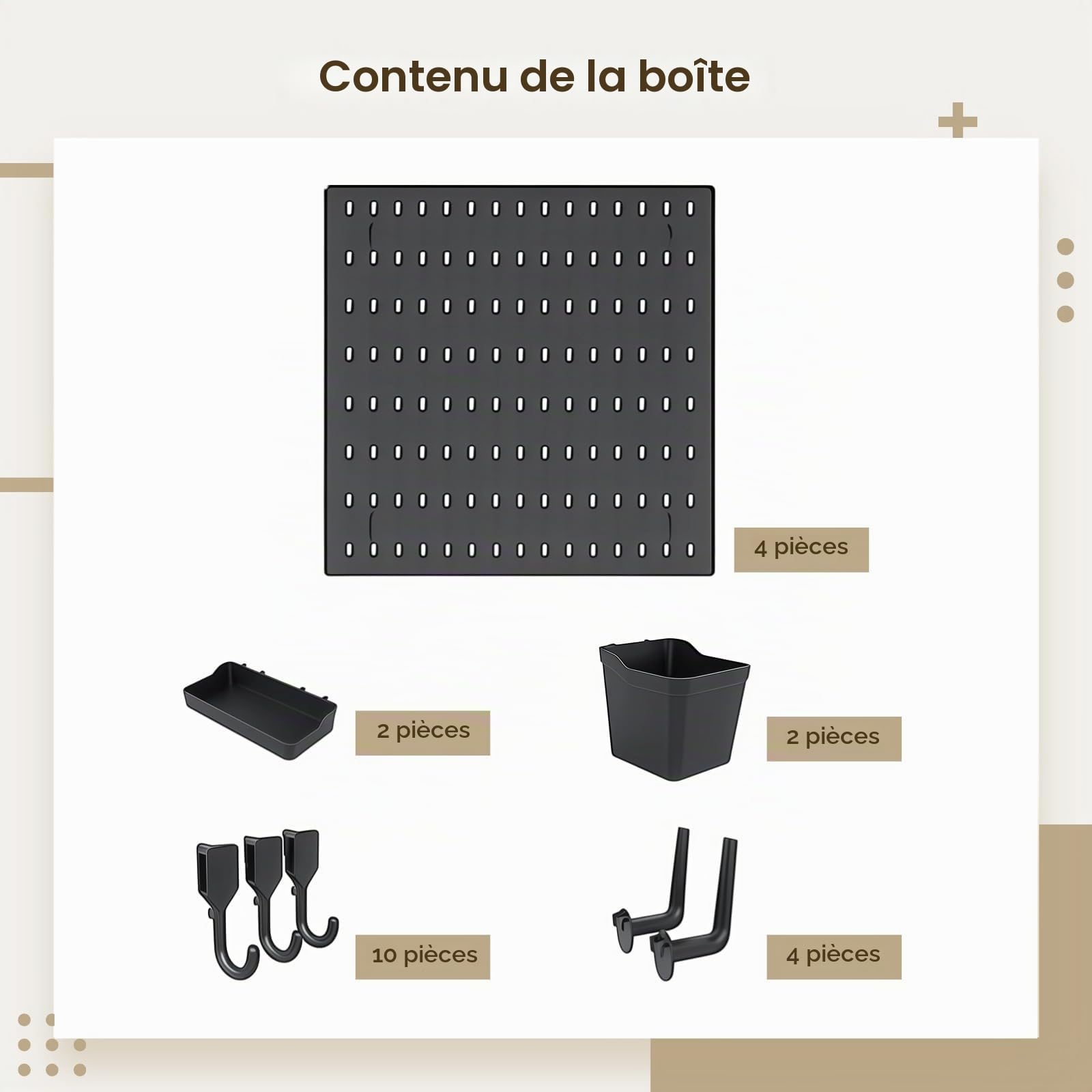 Lot de 4 tableaux perforés muraux peu encombrants avec 4 panneaux perforés, 14 crochets, 4 étagères pour le bureau à domicile