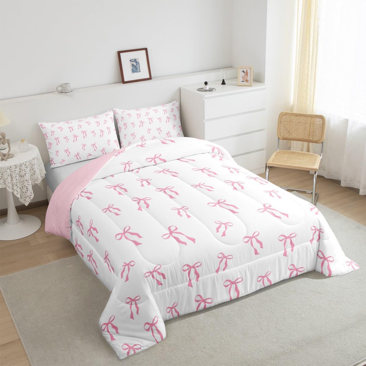 Erosebridal Cute Bowknot Kids Bedding Set Pink Bow Princess Queen Comforter Set Watercolor Bow Knot Bedding Comforter Sets Simple Pink and White Duvet Insert Reversive Decor