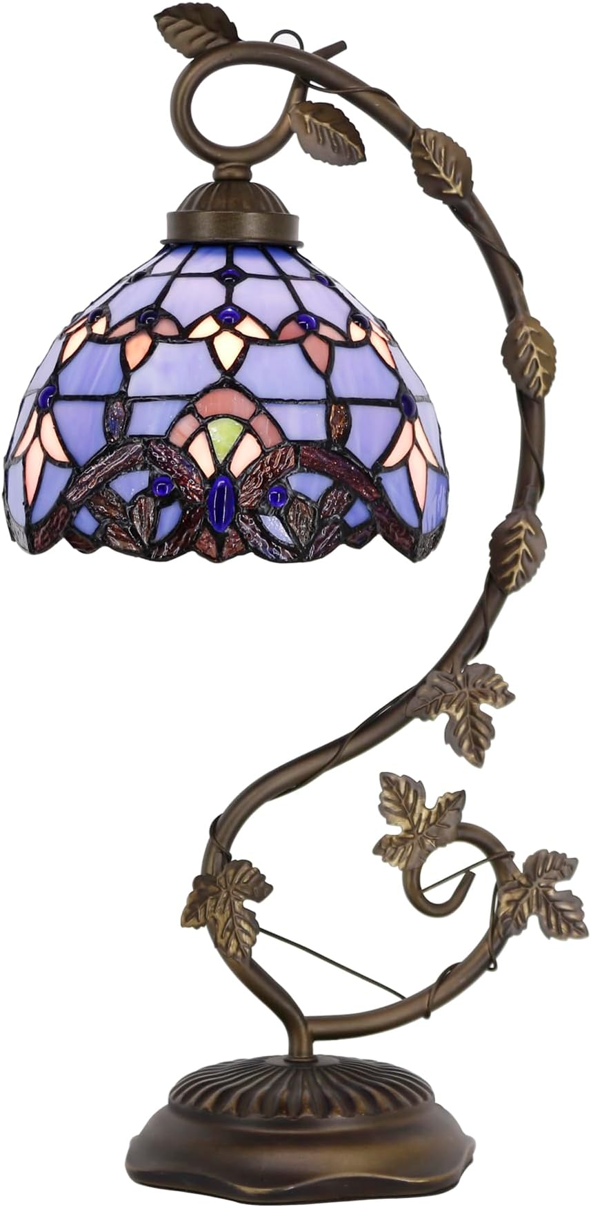 4MYHOMETiffany Table Lamp Blue Purple Stained Glass Baroque Style Reading Desk Light, Metal Leaf Base 8X10X21 Inches Decor Small Space Bedside Bedroom Home Office S003C Series…