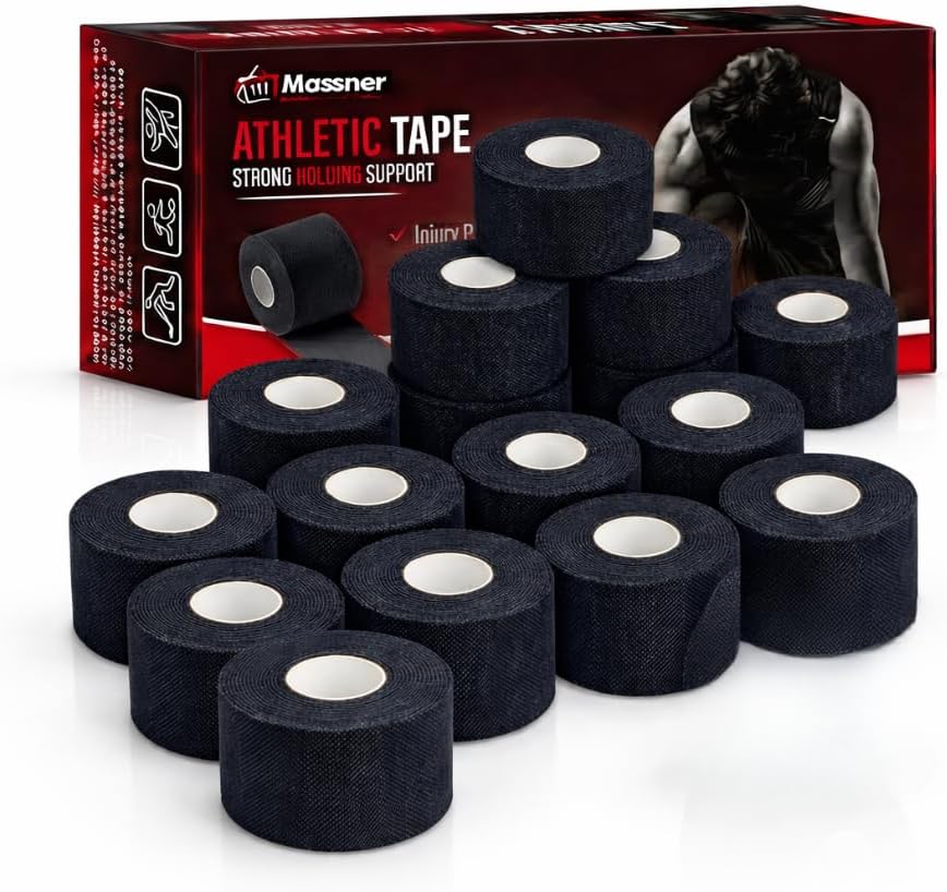 Athletic Tape Black 1.5" x 45ft Per Roll (720ft Total) Pack of 16 – Strong Sports Tape for Wrists, Ankle & Hands – Latex-Free Gym Tape for Training, Football, Running & Weightlifting Recovery