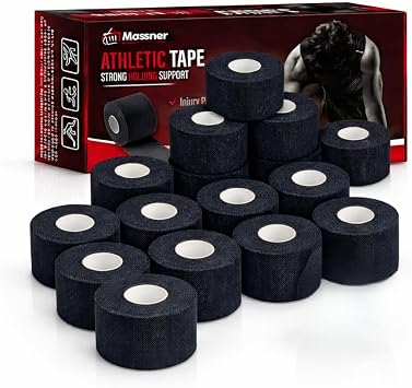 Massner Athletic Tape Black 1.5" x 45ft Per Roll 720ft Total Pack of 16 Strong Sports Tape for Wrists, Ankle & Hands Latex-Free Gym Tape for Training, Football, Running & Weightlifting Recovery
