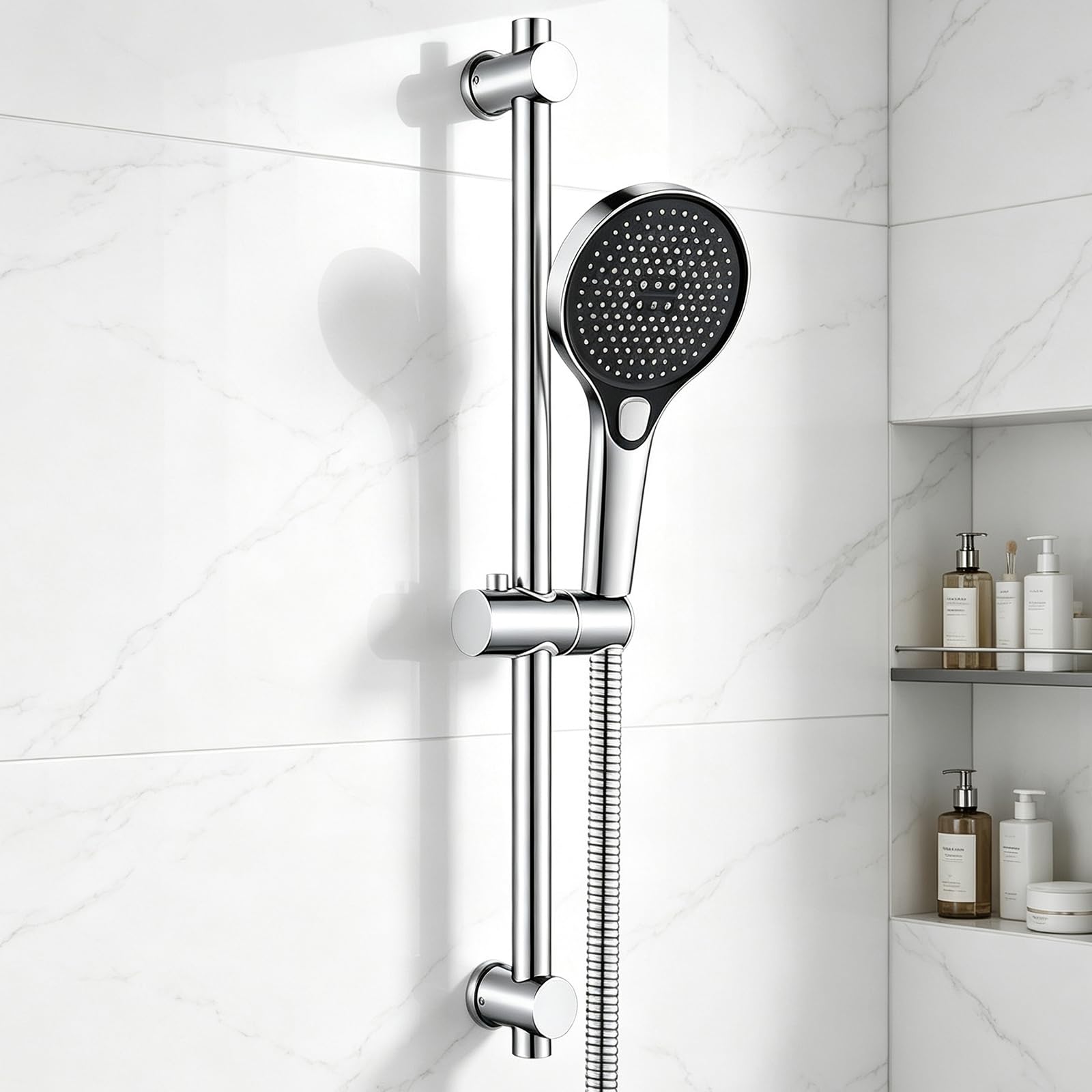 Kit saliscendi per doccia, barra scorrevole regolabile da 65 cm con soffione doccia portatile da 13 cm, 3 modalità di spruzzo, tubo da 1,5 m e staffa girevole a 360°, set di aste doccia in
