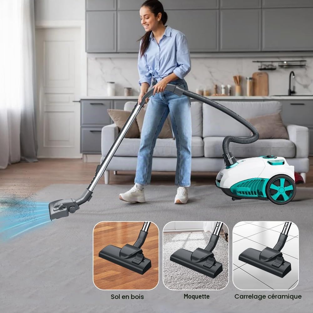 Aspirateur sans sac 1800 W avec filtre HEPA, aspirateur traîneau contrôlable à pied 22 kPa avec câble de 5 m, sans sac à poussière de 4 l, idéal pour les poils d'animaux, brosse de sol pour