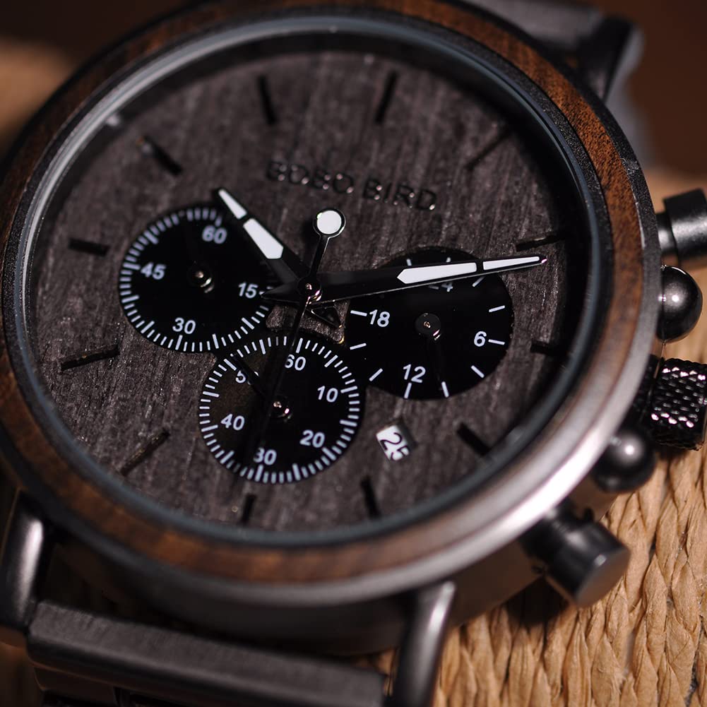BOBO BIRD Herren-Armbanduhr, aus Holz, stilvoll, aus Ebenholz und Edelstahl, kombiniert, Chronograph