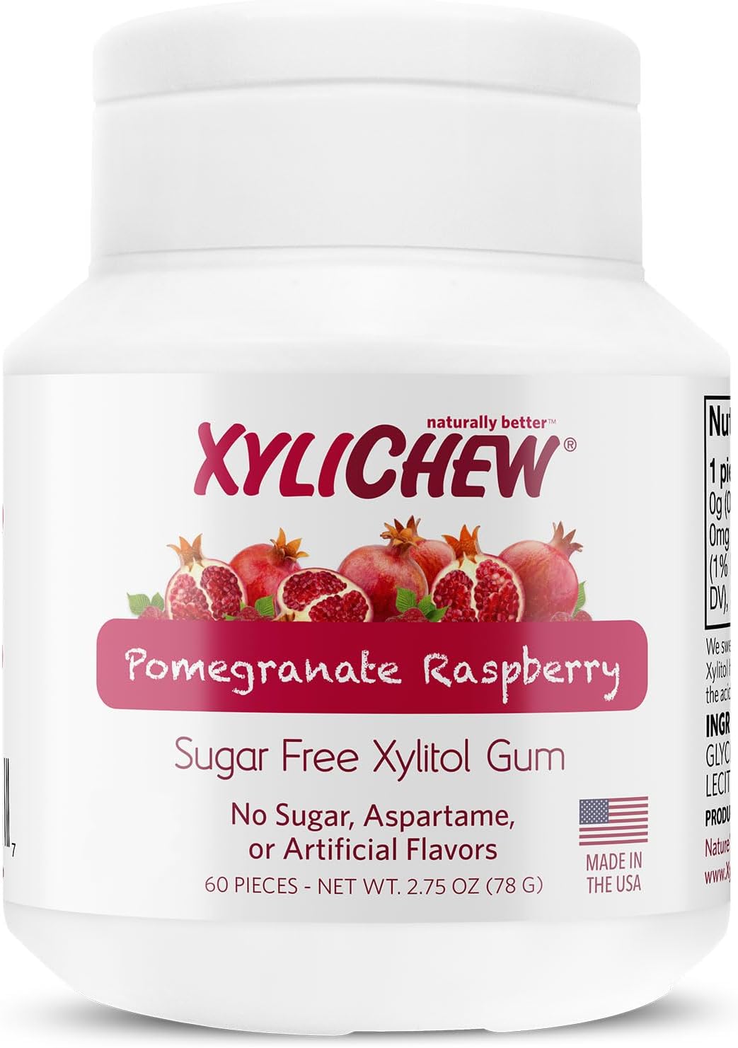 Xylichew Xylitol Gum - Chewing Gum Sugar Free, Aspartame Free, Gluten Free, Keto - Sugarless, Healthy, Natural Oral Care - Relieves Bad Breath and Dry Mouth - Pomegranate Raspberry, 60 Count