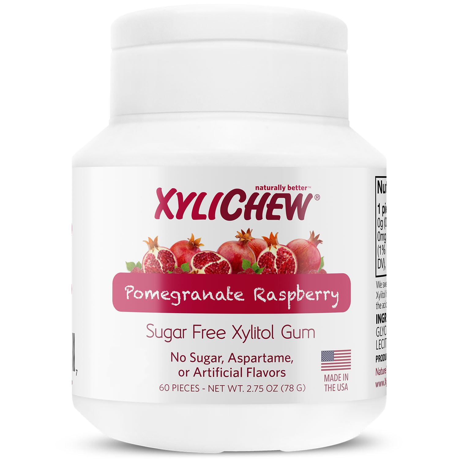 100% Xylitol Chewing Gum - Non GMO, Non Aspartame, Gluten Free, and Sugar Free Gum - Natural Oral Care, Relieves Bad Breath and Dry Mouth - Pomegranate Raspberry, 60 Count