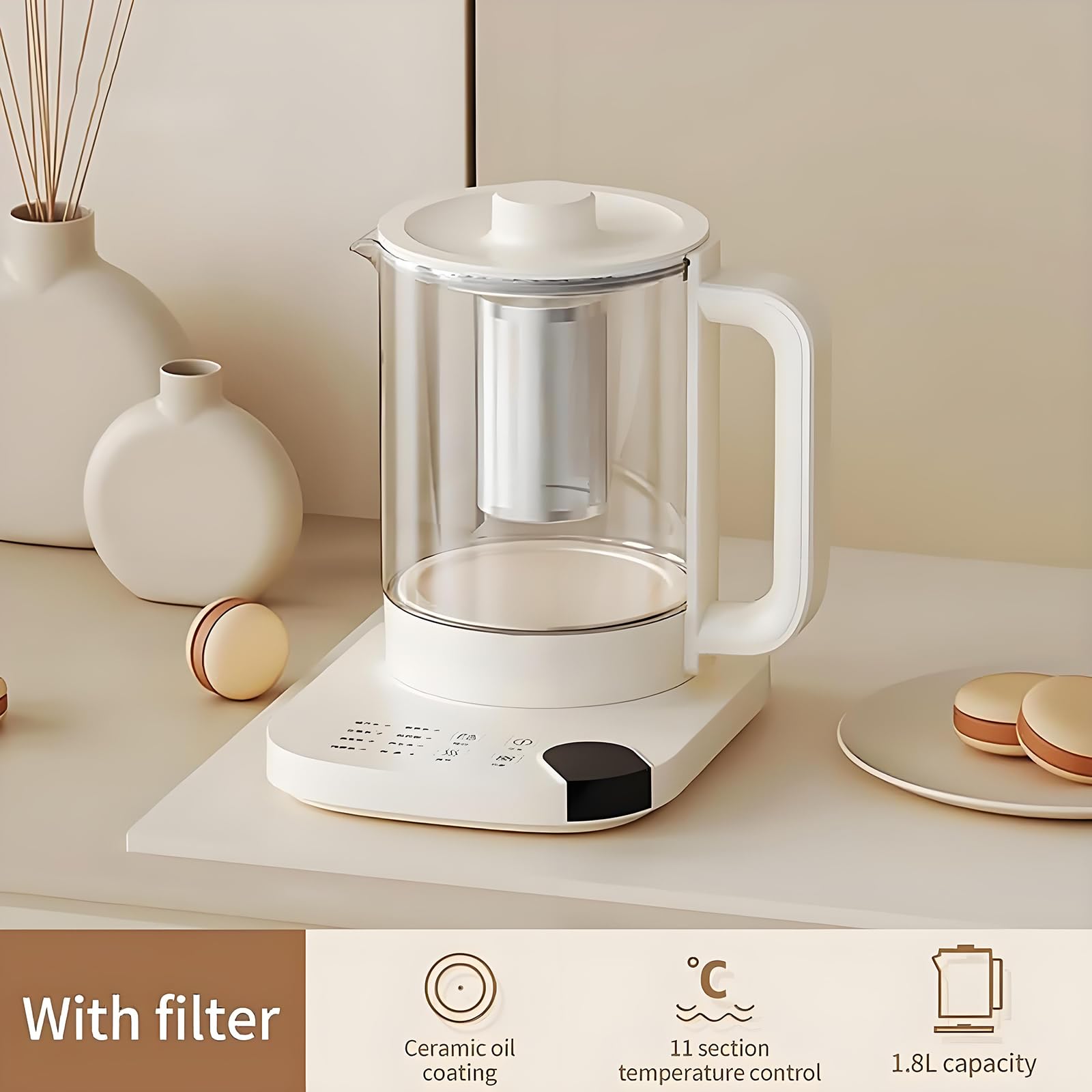 Té de Vidrio Inteligente Hervidor de Té, Tetera de Temperatura Variable, Té de 800W con 11 Prejuicios de Control de Temperatura, Teteras Eléctricas de 1.8 Litros con Infusor de Té Extraíble