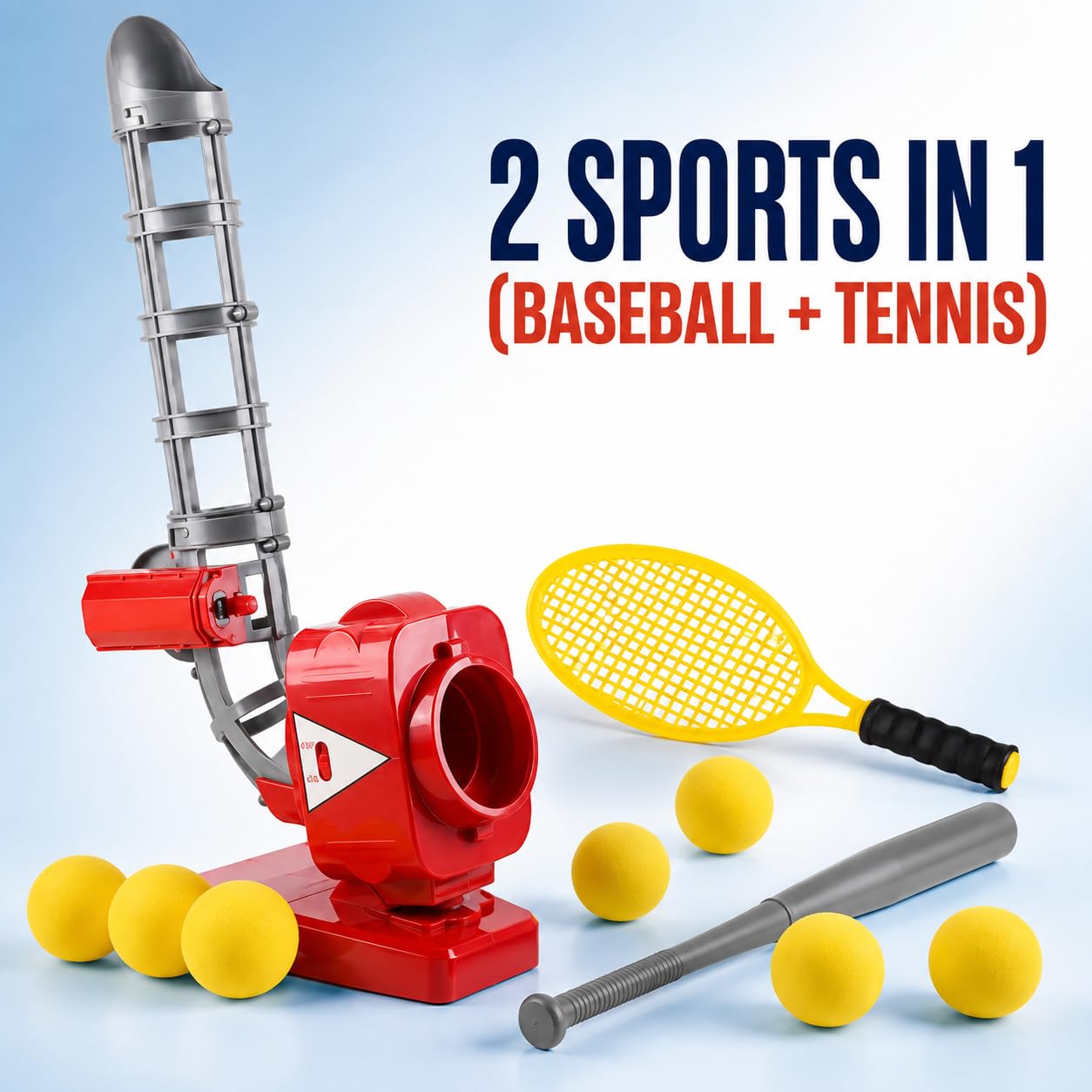 MMOBIEL 2 w 1 maszyna do baseballu i tenisa dla dzieci – automatyczny rzutnik piłek z 6 miękkimi piłkami EVA, rakietą i rakietą – zabawka sportowa na świeżym powietrzu od 5 lat – zestaw do ciosów