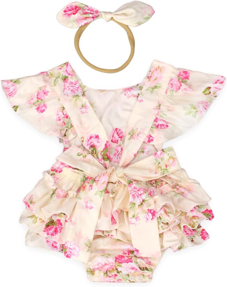 Luckikikids Baby Girls Cotton Vintage Floral Ruffle Rompers Clothing Headband Set (S(3-6M), Pink)