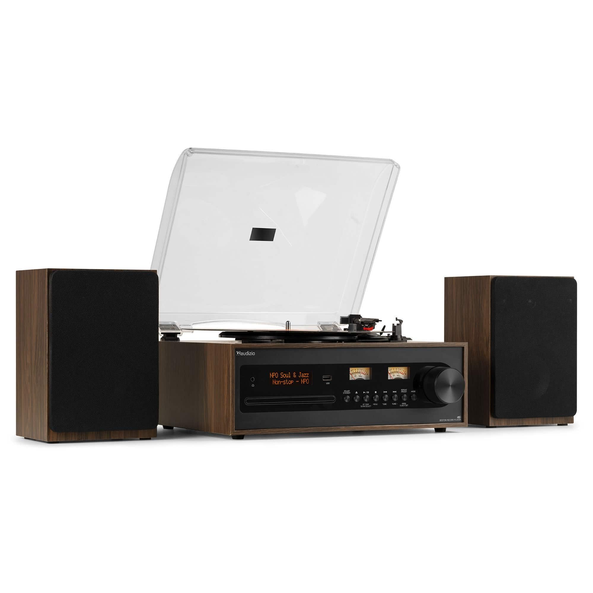 Audizio Boston - Tocadiscos Retro HiFi con Bluetooth, CD MP3, USB, Radio Dab+, Altavoces estéreo, Entrada AUX, Salida Auriculares, 3 velocidades, Mando a Distancia y vúmetros iluminados