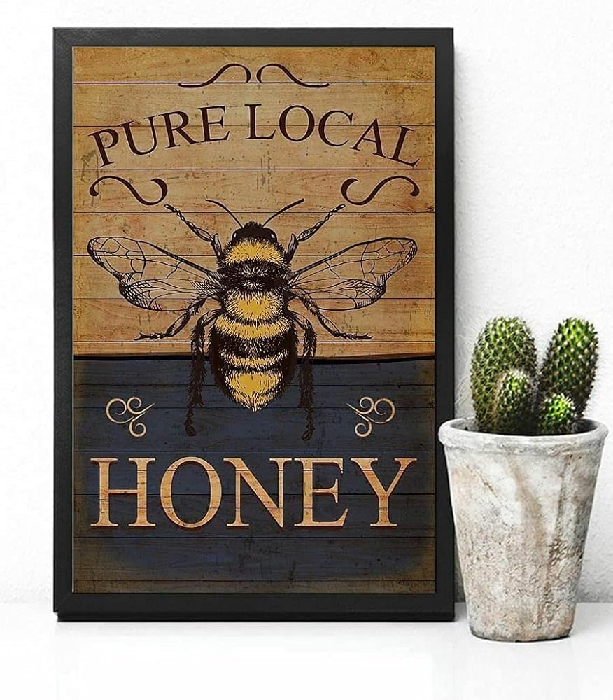 rayprint Pure Local Honey Bee Retro Metal Tin Signs Vintage Aluminum Sign for Home Coffee Bar 8x12 Inch Metal Sign