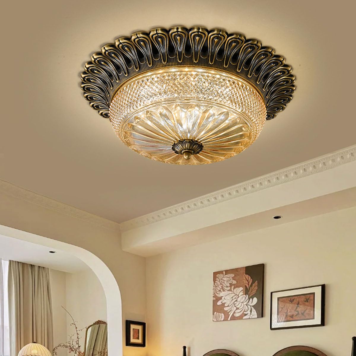 Amerykańska lampa sufitowa w stylu vintage, miedź i szkło, płaskie oświetlenie, nowoczesne luksusowe okrągłe lampy sufitowe, odpowiednie do gabinetu i klatki schodowej