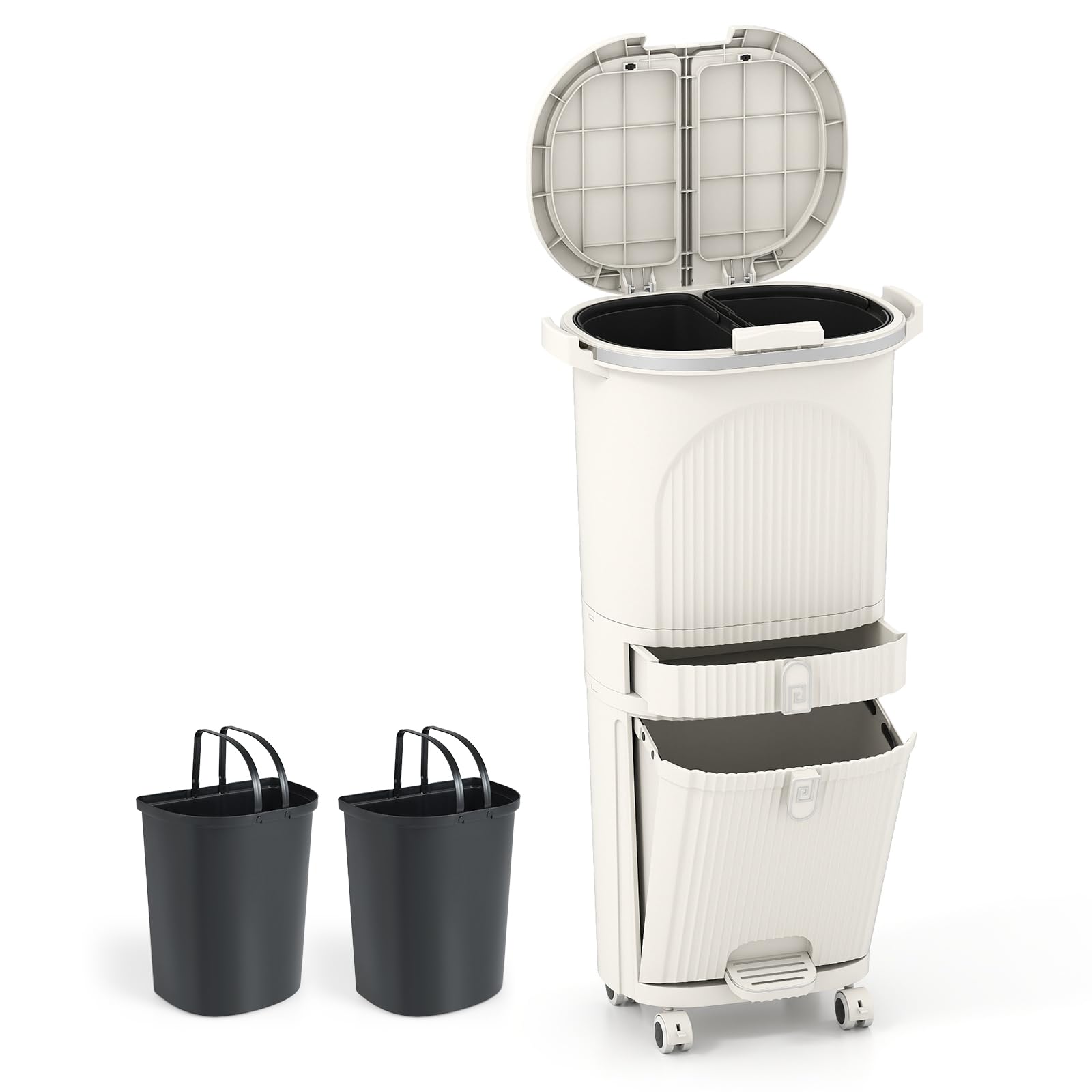 GiantexUK 42L Recycling Bin, 3-Tier Sorting Trash Bin (Beige, 42L, 2 Lids)