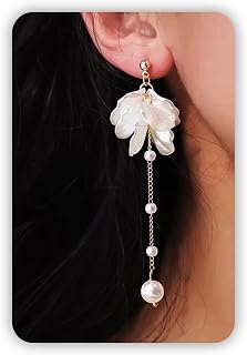 Pearl Earrings For Women, Ear Climbers Earrings For Women White Flower Drop Jewelry, Freshwater Pearl Bridal Jewelry As Summer Tassel Accessories for Wedding Gifts