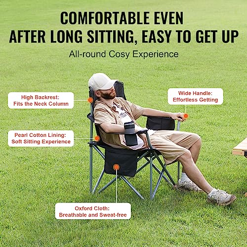Image of VEVOR Oversized Camping Folding Chair, Portable Heavy Duty Outdoor Quad Lumbar Back Padded with Side Pockets, Cup Holder and Cooler Bag for Beach, Lawn, Picnic, Fishing, Backpacking, Black
