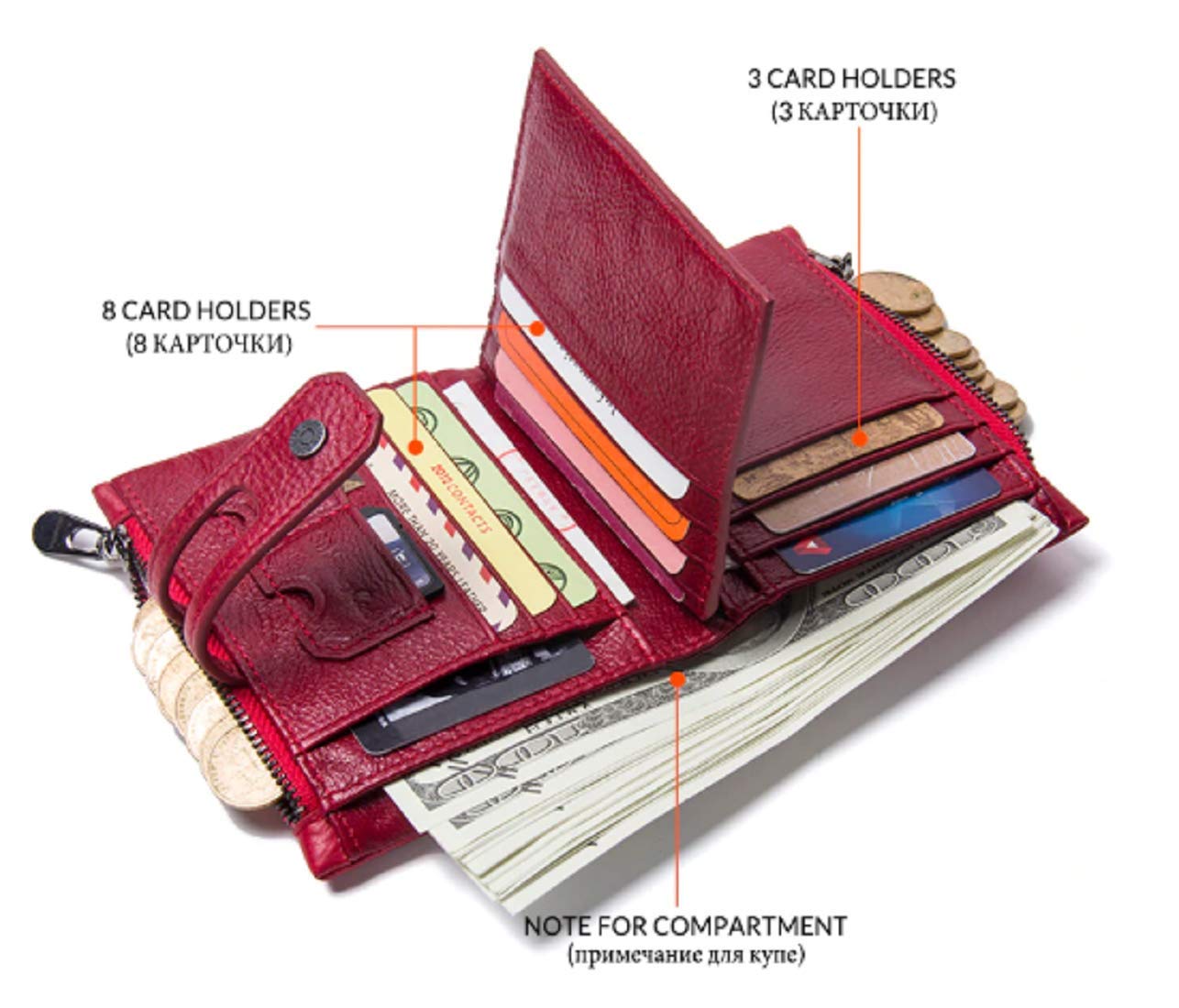 Contacts Men's Genuine Leather Wallet | RFID Blocking Wallet for Men| 14 Card Slots, 1 ID Window | 2 Zipper Compartments, Button Closure (Red)…… 1