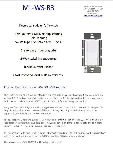 Miniatura 2 de ML-WS-R3 Interruptor basculante estilo decorador de encendido/apagado, blanco, bajo voltaje (12 V, 24 V, 48 V, milivoltio) CC o CA, 2 amperios, baja