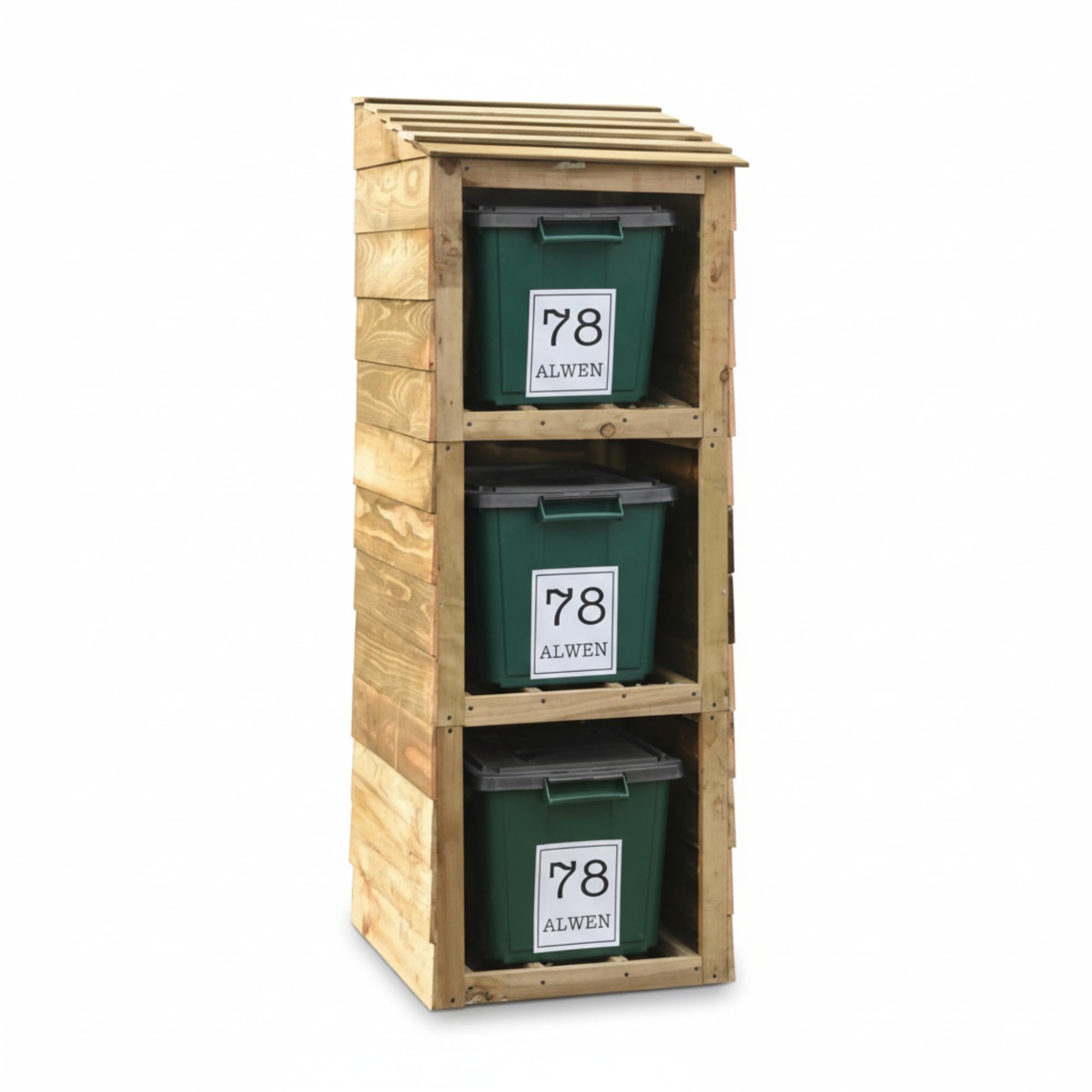Signs & Numbers Wooden Recycling Bin Storage for 3 Bins - Outdoor Weatherproof Bin Store with 3 Free Personalised Labels - Garden & Garage Recycle Box Holder - Brown Wood - 66×60×163.5cm