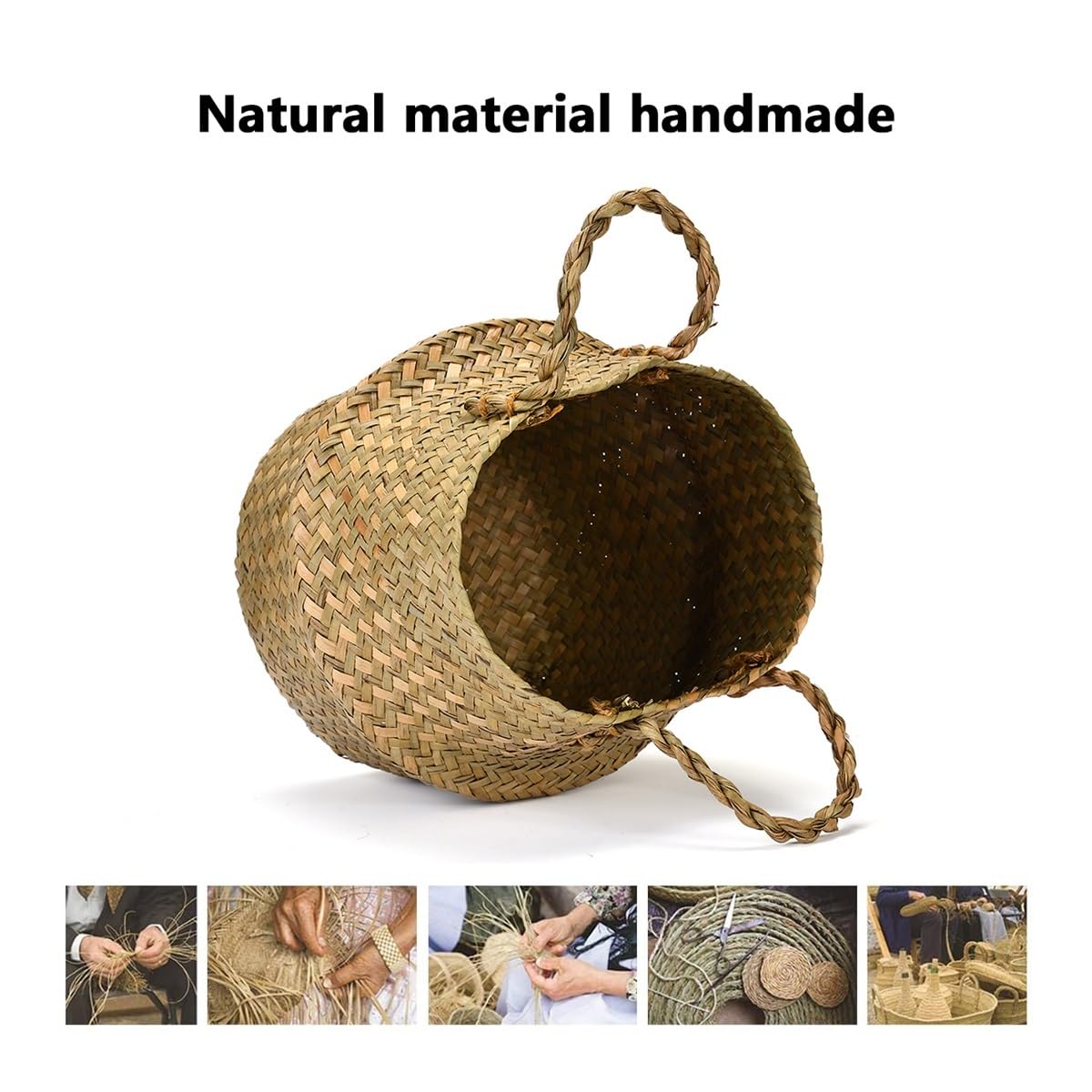 Panier de rangement tissé en jonc de mer naturel fait à la main - Panier à linge pliable en paille et rotin - Sac de plage (22 x 20 cm)