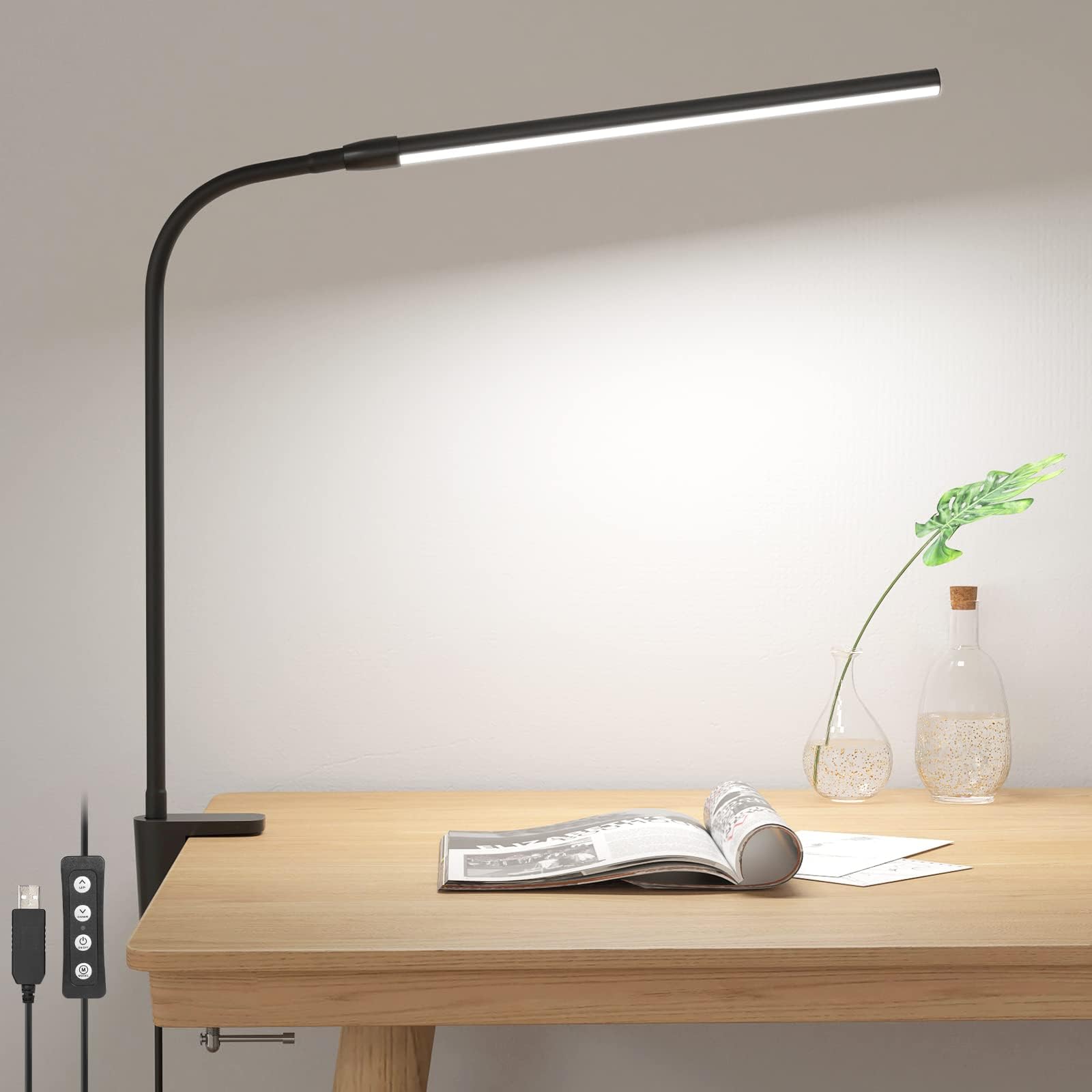 Lepro Desk Lamp Clamp, 460lm Eye-Caring Clip on LED Desk Light, 10 Levels Dimmable, USB Powered Bedside Lamp, 3 Modes Gooseneck Task Light for Nails, Crafts, Studying & Home Office, Black