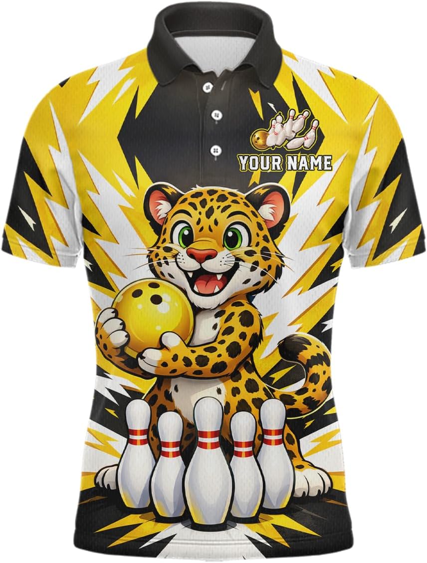 Funny Leopard Bowling Shirts for Team Men Women Leopard Bowling Jersey Yellow Bowling Polo and Bowling Zip Shirt