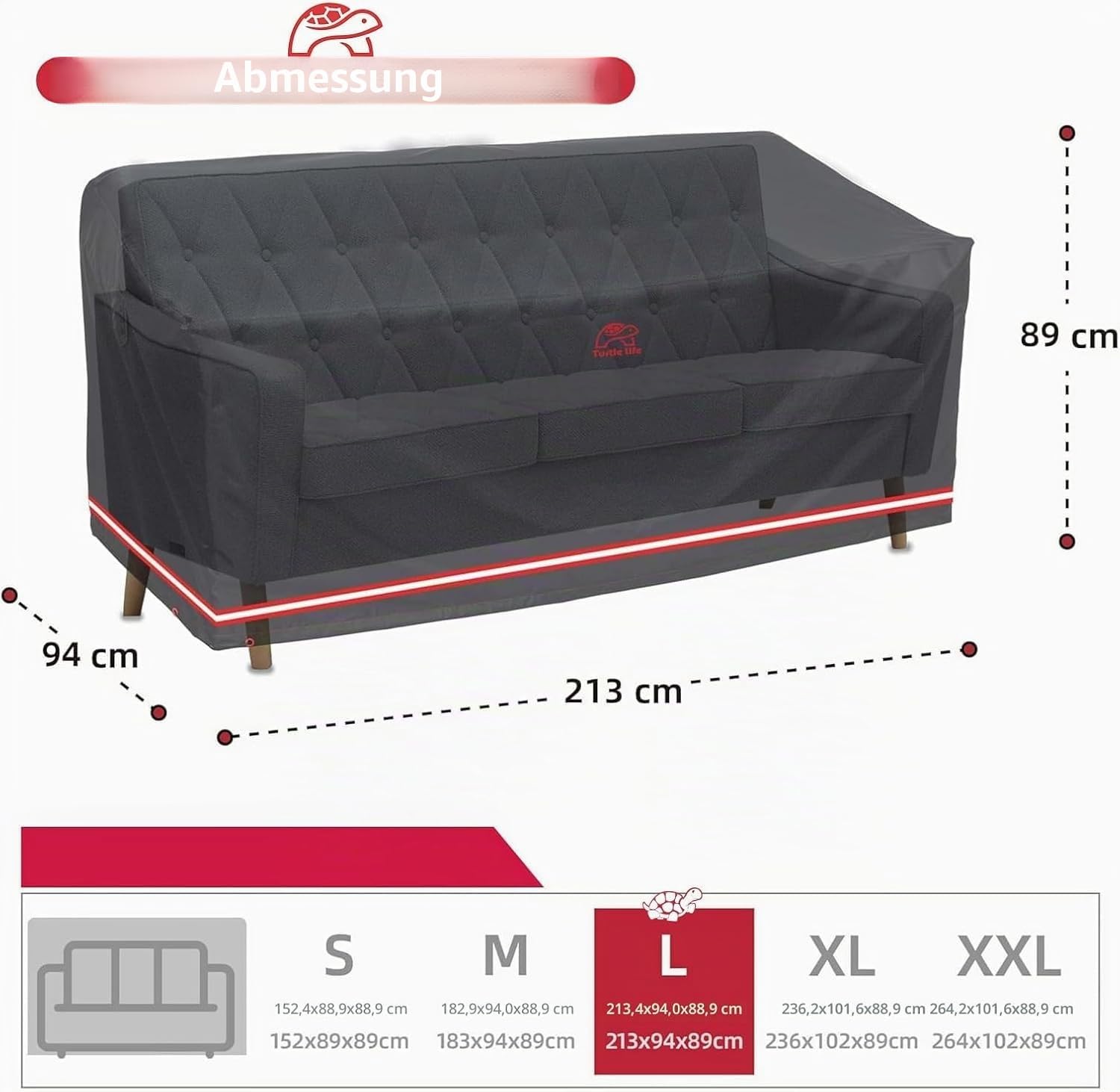 Turtle Life Gartensofa Abdeckung, Gartenbank Abdeckung Wasserdicht, Gartenbank Abdeckung für 3-4 Sitzer Gartensofa, Gartensofa Abdeckung kein Verblassen innerhalb von 2 Jahren, schwarz 213 x 94 x 89CM