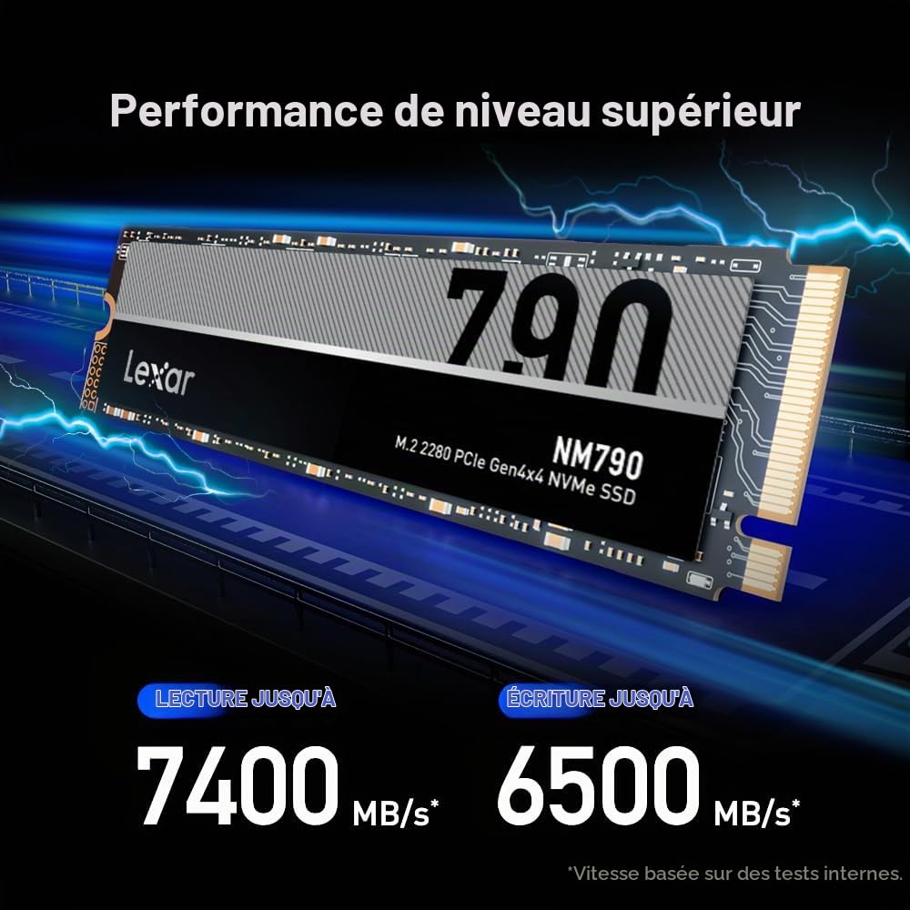 Lexar NM790 SSD 2TB PCIe Gen4 NVMe M.2 2280 Disque SSD interne, jusqu'à 7400 Mo/s, compatible avec PS5, pour les joueurs et les créateurs (LNM790X002T-RNNNU)