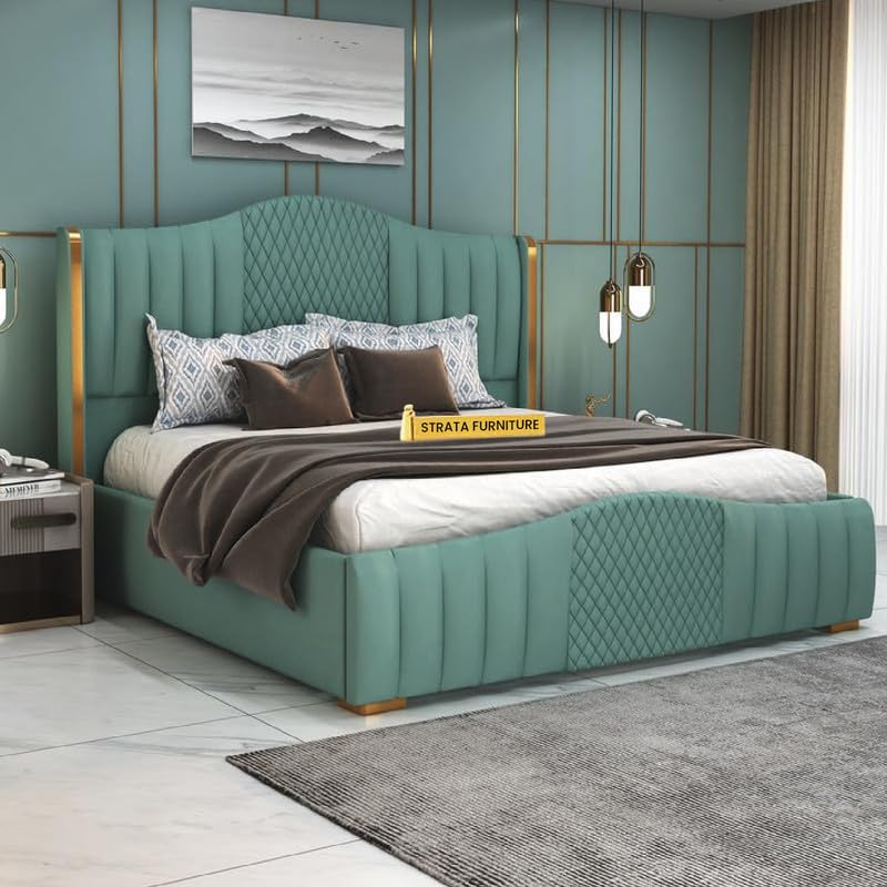 STRATA FURNITURE Solid Wood King Size Bed with Box Storage and Upholstered Headboard | Stylish Wooden Double Bed Cot Palang Furniture for Bedroom, Hotels, Living Room, and Home (Greendust)