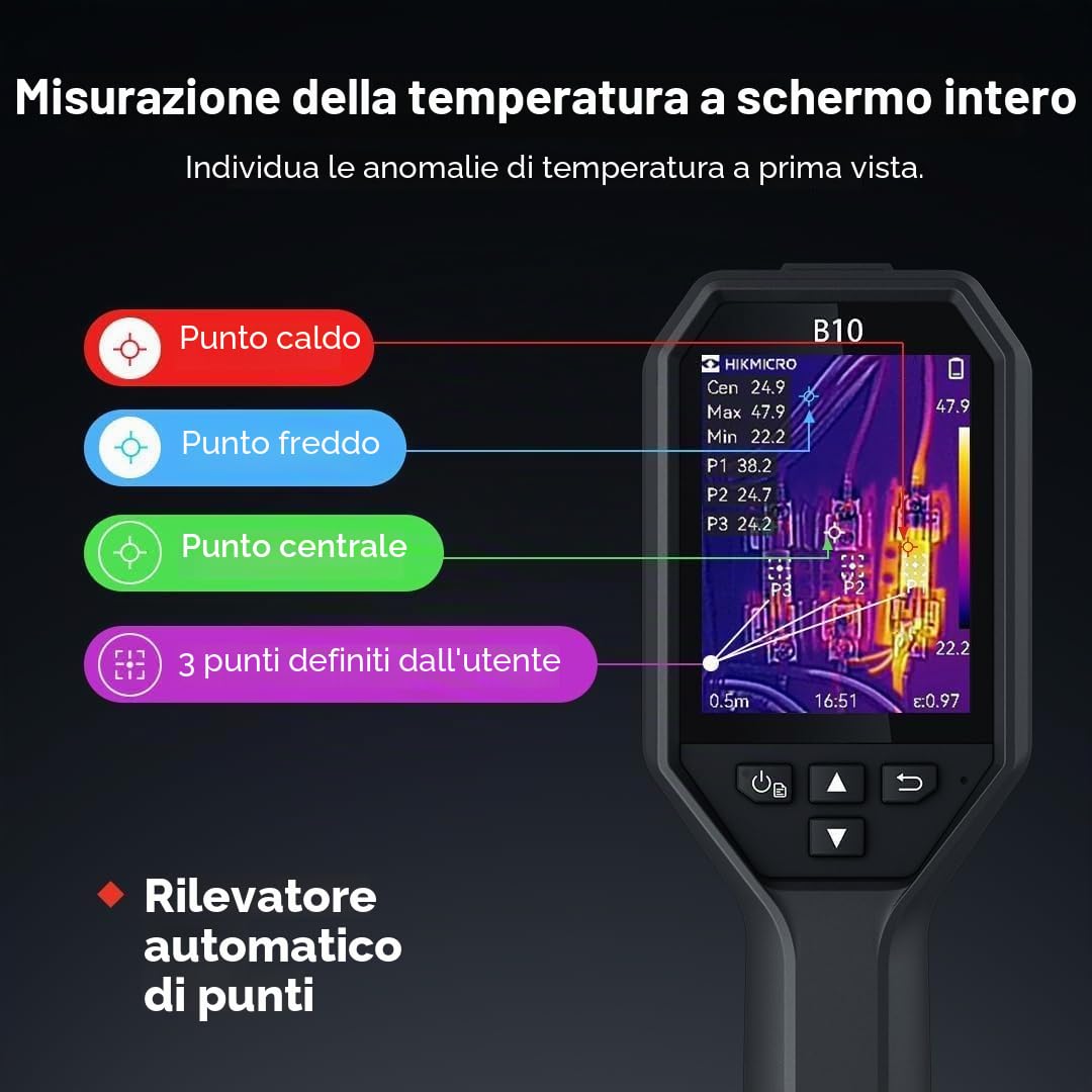 HIKMICRO B10 Telecamera termica con risoluzione 256 x 192 IR con telecamera visiva da 2 MP, misurazione a schermo intero, 25 Hz，LCD 3,2", IP54, intervallo di temperatura -4°F~1022°F