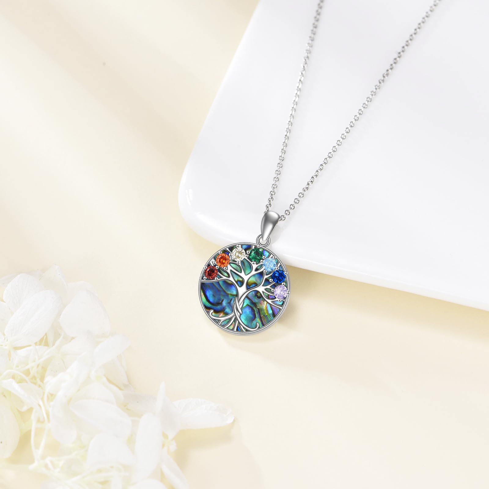 YFN S925 Sterling Silber Lebensbaum Chakra Anhänger Halskette mit 7 Chakra Edelsteinen
