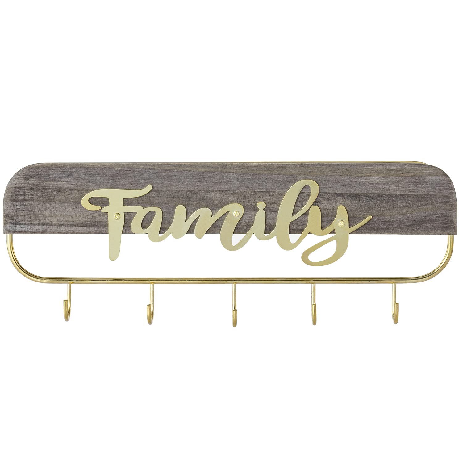 MyGift Wall Mounted Weathered Gray Wood Entryway Key Organizer Rack with 4 Hooks and Brass Tone Metal Wire Frame Family Word Cutout