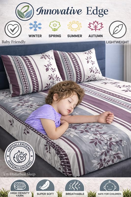 Image of King Size Elastic Fitted Bedsheet with 2 Pillow Covers - Glace Cotton, Fits up to 8-inch Mattress, All-Around Elastic (Floral Print, Wine)