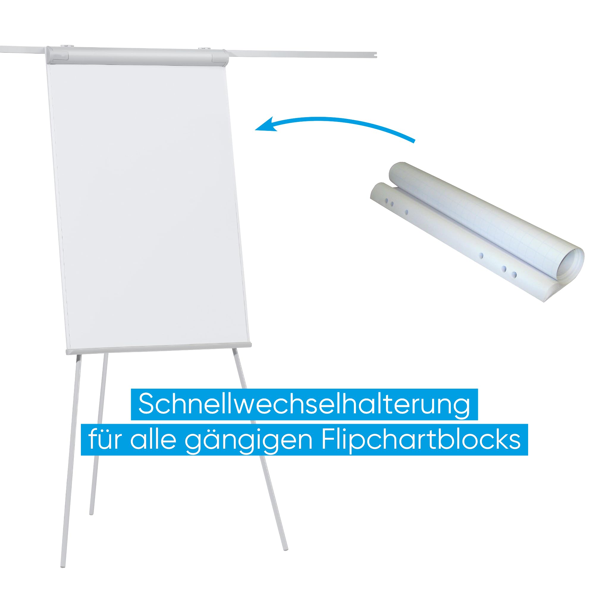 FRANKEN Lavagna a fogli mobili, scrivibile, magnetica, con 2 bracci laterali, treppiede, 68 x 105 cm, altezza regolabile, con porta carta e portapenne, ECO Standard, F2100/N