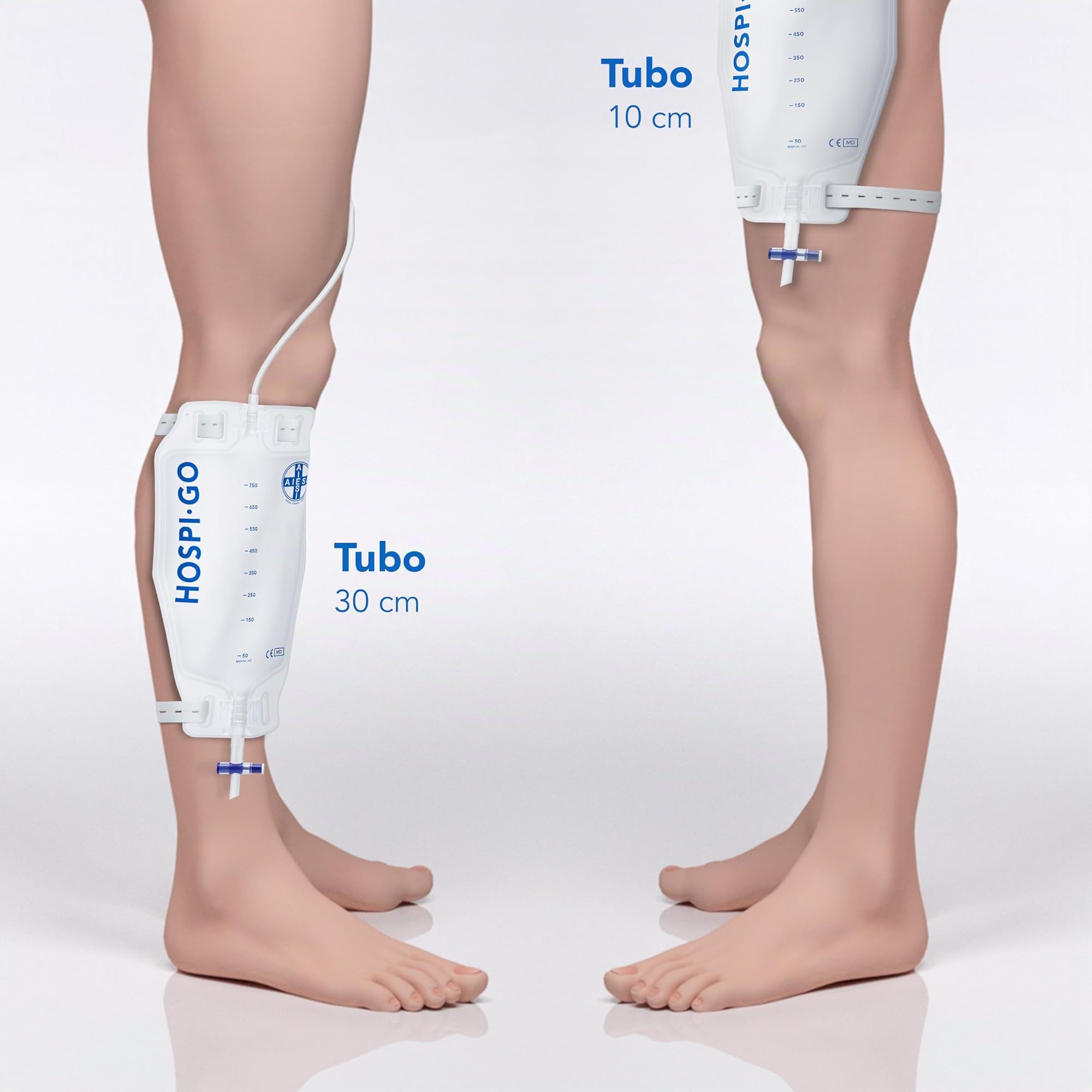 AIESI® Bolsas de orina de piernas capacidad de 750 ml tubo de 10 cm con grifo de descarga cruzado (T) y válvula antirreflujo HOSPI-GO (Paquete de 10 piezas), Espalda en TNT transpirable