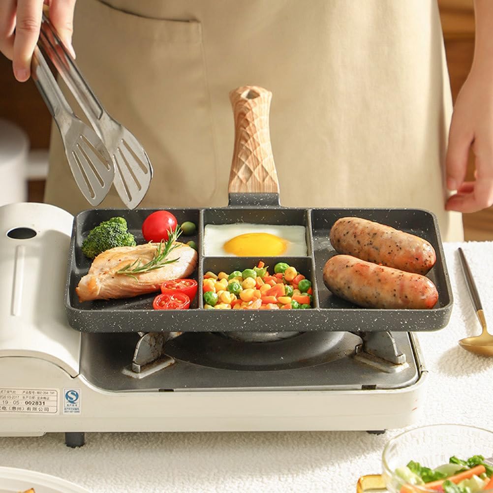 Grill Pan for Stove - Nonstick Divided Grill Pan 4-in-1, Aluminum Frying Egg Pot with Wooden Handle, Multi-function Steak Pot for Breakfast Pancake Hamburger Sandwiches 11 x 14 inch