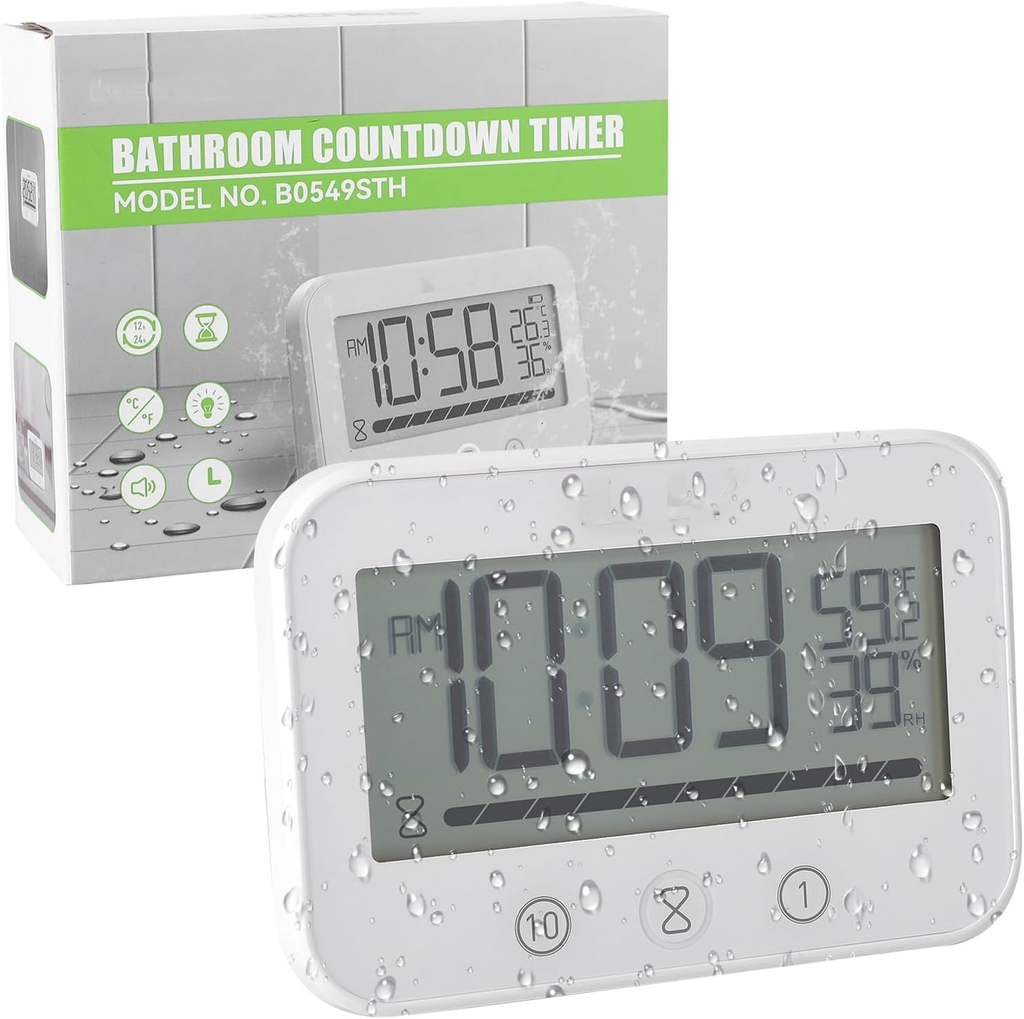 Orologio da Bagno Impermeabile con Timer per Doccia - Display Digitale di Temperatura e Umidità, Timer da Cucina a Batteria