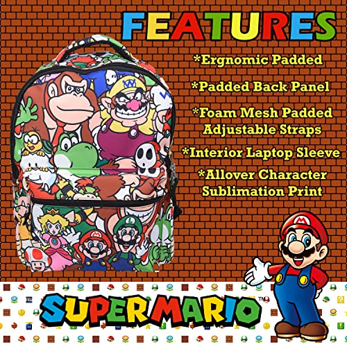 Nintendo Super Mario Backpack For Boys & Girls, School Bag With Front Pocket, Allover Character Print Gaming Bookbag With Padded Back And Adjustable Mesh Straps #TOP3