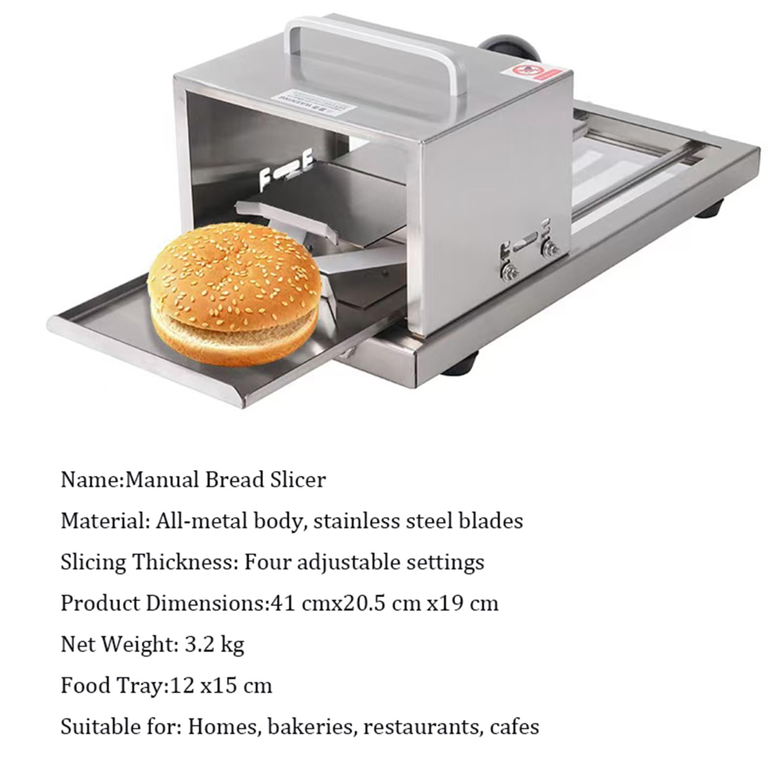 Máquina rebanadora de pan, hoja de acero inoxidable, diseño totalmente metálico, mango de fácil agarre para corte preciso de pan, bollos y sándwiches