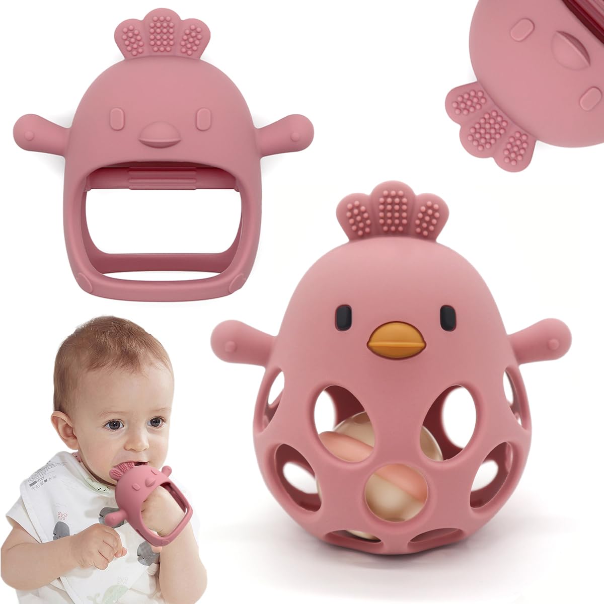 Baby Teething Toys & Easy Grasp Rattle Toy 2 Pack, Bell Toys Toddler Sensory Teether Toys for Babies 0-12 Months (Dark Pink)