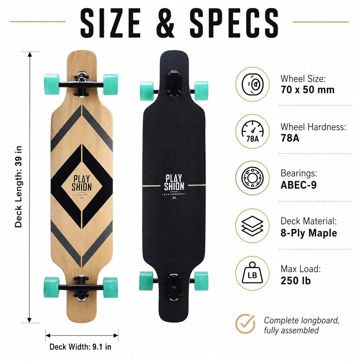 Playshion Longboard de 39 Pulgadas con rodamientos ABEC-9, Drop-Through Freeride Skateboards Cruiser