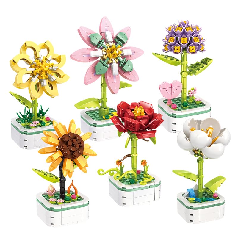 WOMA 19069 Flower Pots Building Block Set packaging showing dimensions and six different flower designs.