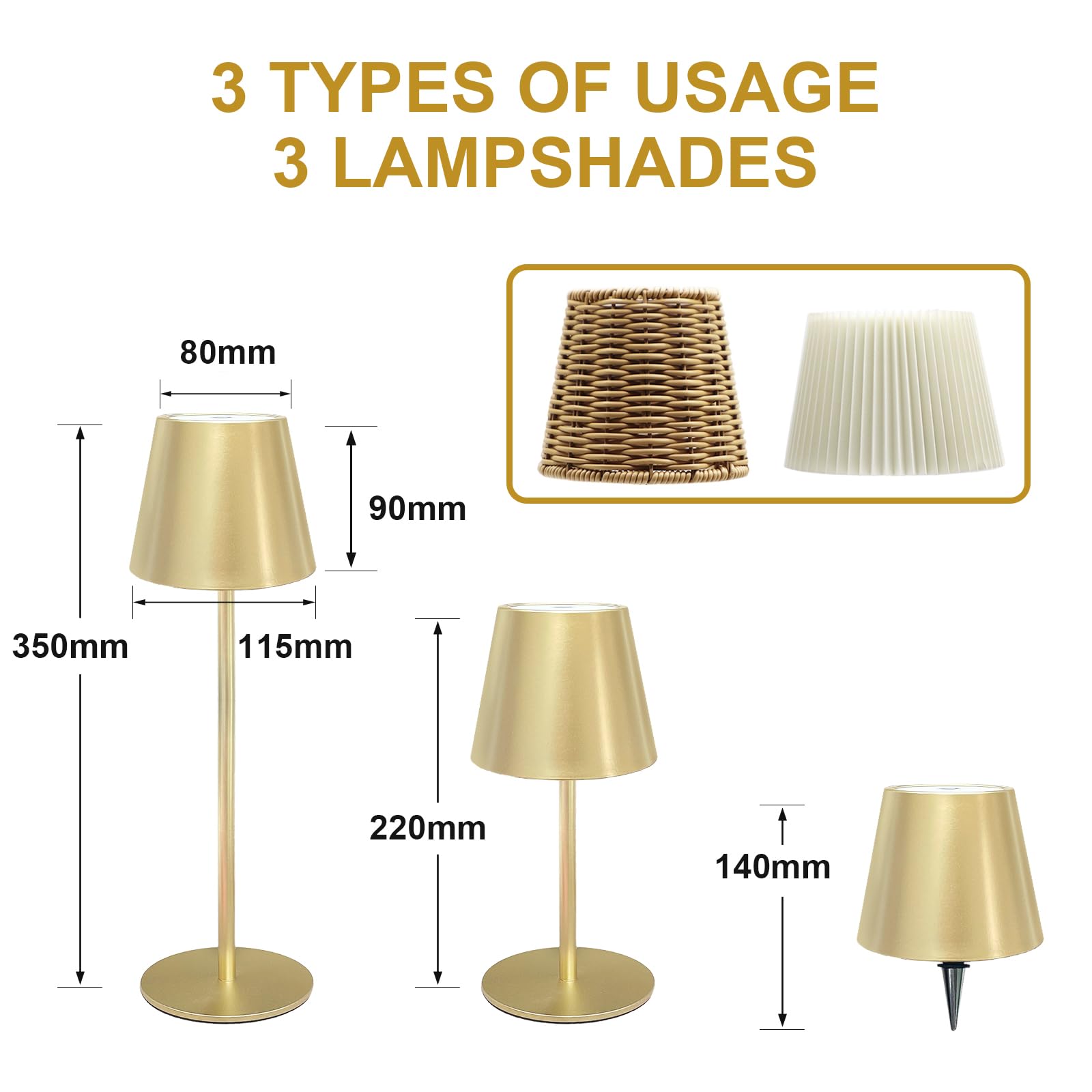 ANTELA Lampada da Tavolo LED Senza Fili Ricaricabile, Dimmer Touch, 3000-5000K, Lampada da Comodino Batteria, per Interni/Esterni, Ristorante/Camera da Letto/Bar, 2Pz(Oro)